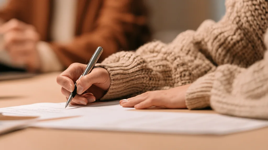 Une main tient un stylo au-dessus d’un document posé sur une table en bois, les mains jointes d’une seconde personne sont visibles en face