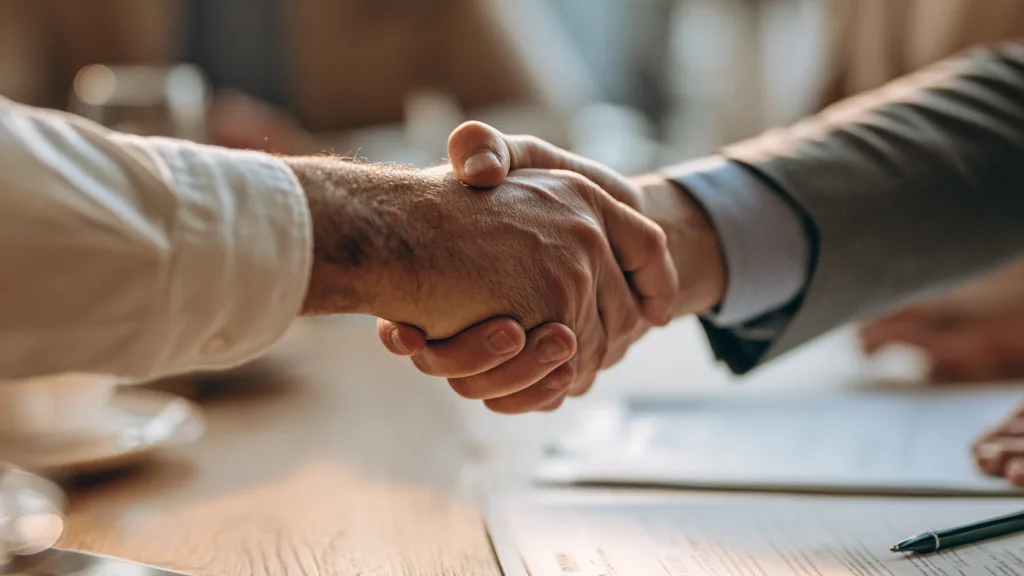 Deux personnes se serrent la main au-dessus d’un mandat de vente posé sur une table
