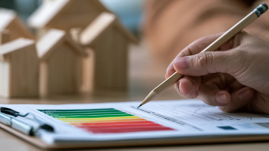 Des maquettes de maisons en bois alignées sur un bureau, à côté d’une main tenant un crayon