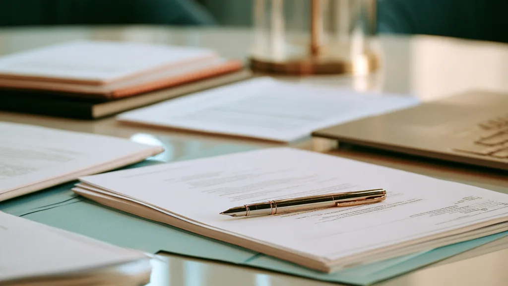 Plusieurs piles de documents et un stylo posés sur une table vitrée