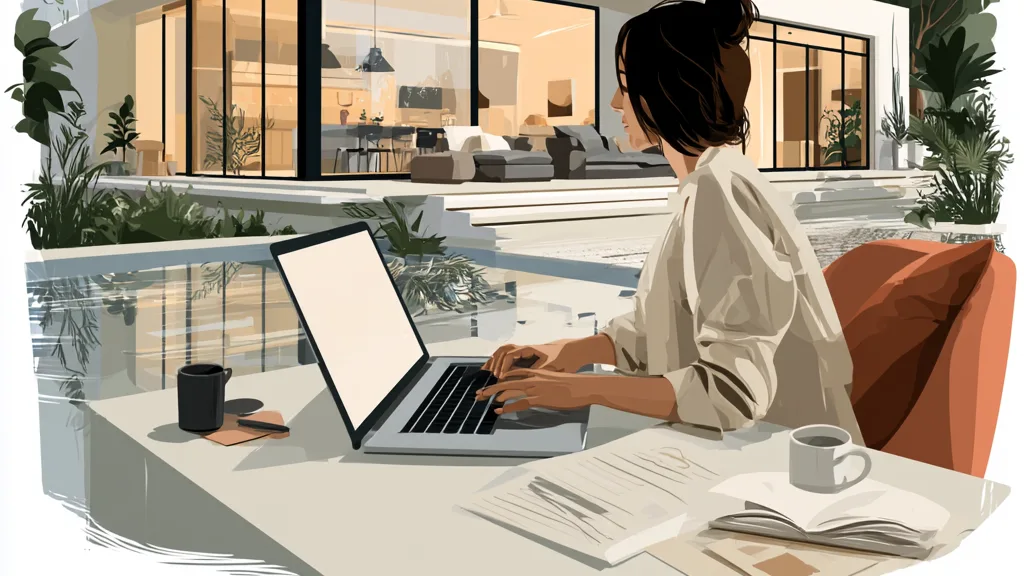 Illustration d’une maison contemporaine vitrée, observée par une femme qui tient une tablette