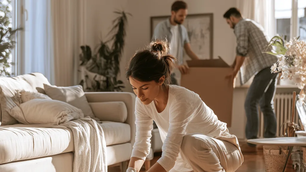 Une femme nettoie le sol d’un salon clair et rangé pendant que deux hommes emportent un carton