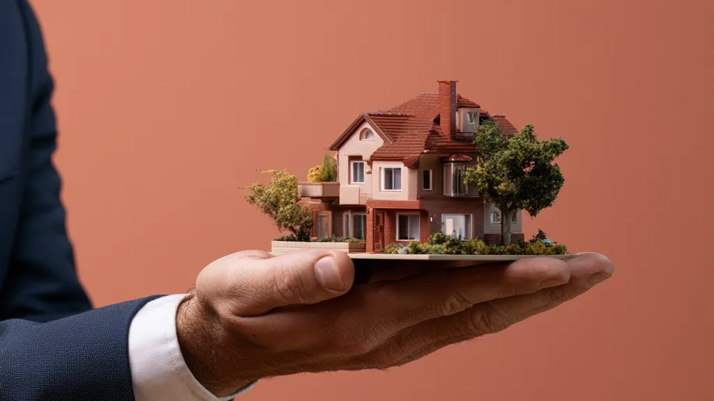 Une main tend une maquette de maison devant un fond couleur terre cuite