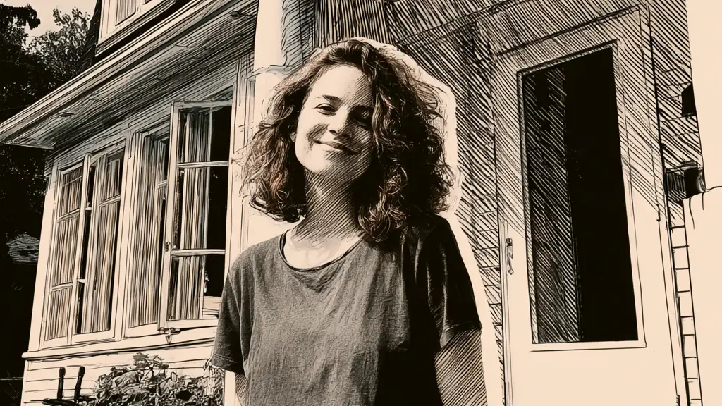 Illustration au trait d’une femme debout et souriante devant sa maison